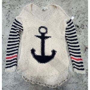 Vintage‎ Havana Size M Cream Anchor Knit Sweater Striped Sleeves 100% Cotton